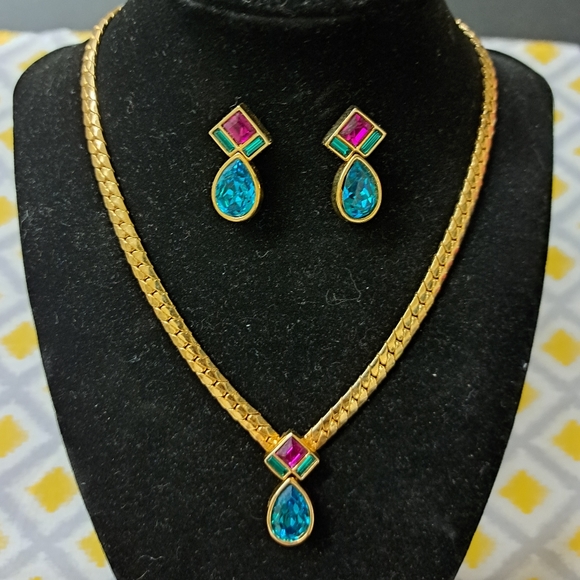 Swarovski Jewelry - Vintage Swarovski Earrings & 16" Necklace Set. Teal, Magenta & Green Crystals.